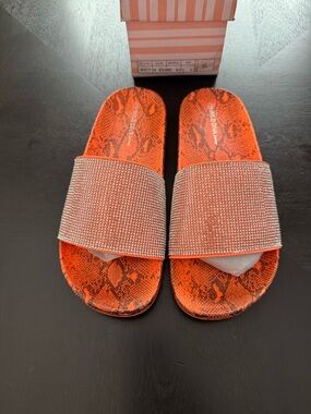 Orange Snake Print Slide Sandals with Rhinestone Strap